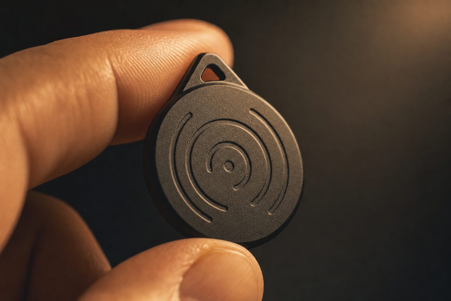 Op maat gemaakte NFC sleutelhanger tussen vingertoppen