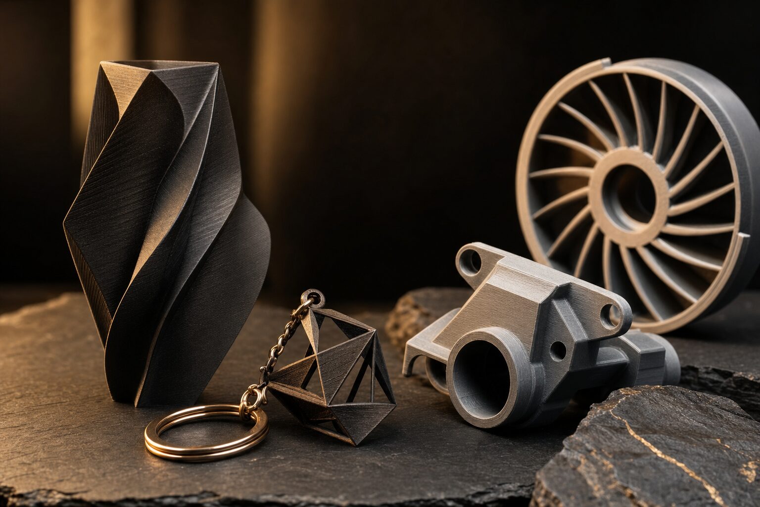 Verschillende 3D-geprinte objecten op donker leisteen
